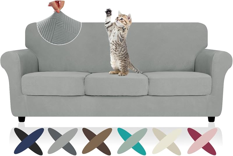 ZNSAYOTX 4 Piece Stretch Sofa Covers (71"-91"), Thick Striped Couch Covers for 3 Cushion Sofa with Elastic Band Bottom Ties Non-Slip Stay in Place, Soft Durable Washable Couch Slipcovers, Light Grey