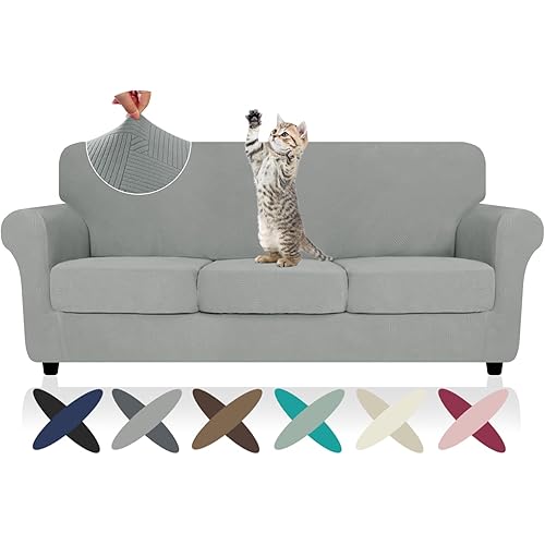 ZNSAYOTX 4 Piece Stretch Sofa Covers (71"-91"), Thick Striped Couch Covers for 3 Cushion Sofa with Elastic Band Bottom Ties Non-Slip Stay in Place, Soft Durable Washable Couch Slipcovers, Light Grey