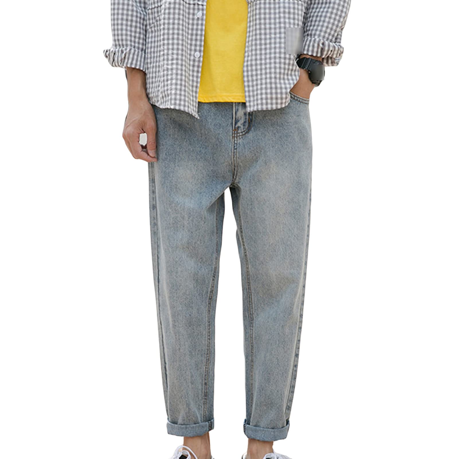 Men Vintage Distressed Loose Casual Straight Jeans Pleated Washed Relaxed Fit Retro Denim Classic Zip Stretch Pant
