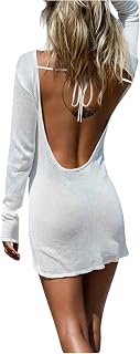 Women's Bathing Suit Beach Cover Ups Knit Long Sleeve Backless Mini Dress