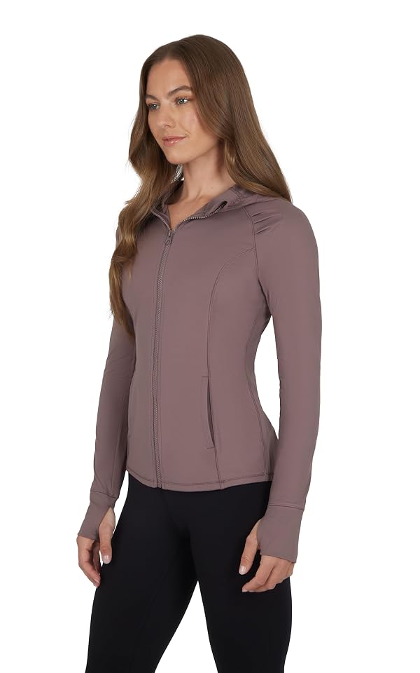 Yogalicious Womens Full-Zip Up Jacket Lightweight Hooded Running Workout Yoga Jacket with Pockets - Mocha - XL by Yogalicious - Image 4
