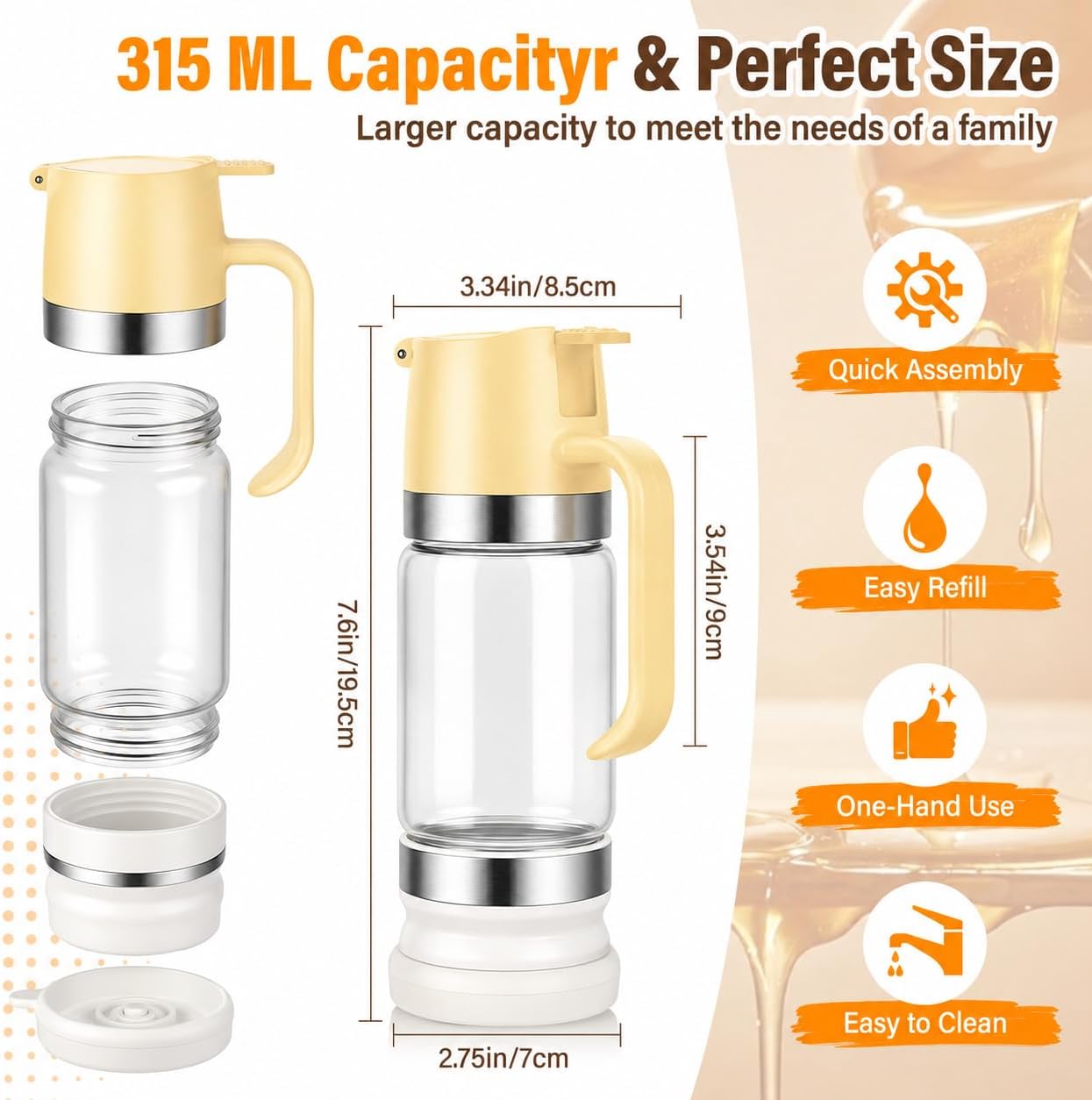 Upgraded Honey Dispenser, 12 oz No-Drip Glass Syrup Jar with Base