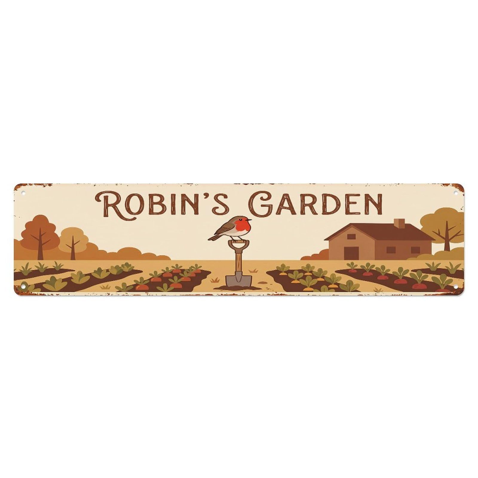 Vintage Robin Farm Scene ROBIN'S GARDEN Metal Tin Sign