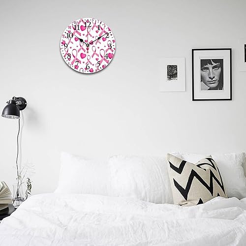 Miniatura 4 de Reloj de pared de cinta rosa para cáncer de mama, reloj de madera redondo, silencioso, sin tictac, funciona con pilas, reloj colgante decorativo de