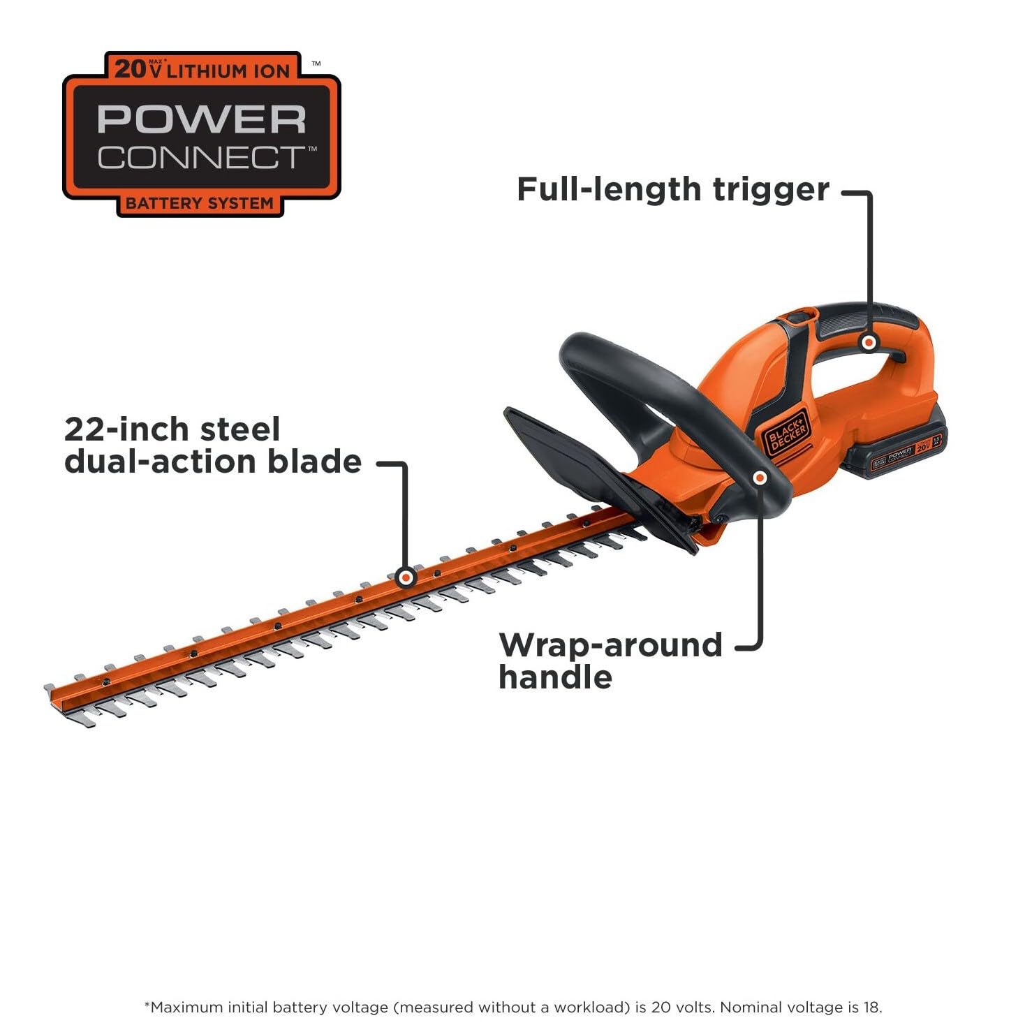 BLACKDECKER 20V MAX Cordless Hedge Trimmer Battery and Charger Included 22 Inch Steel Blade Lightweight Bush Trimmer Soft Grip Less Vibration LHT2220 product thumbnail 4