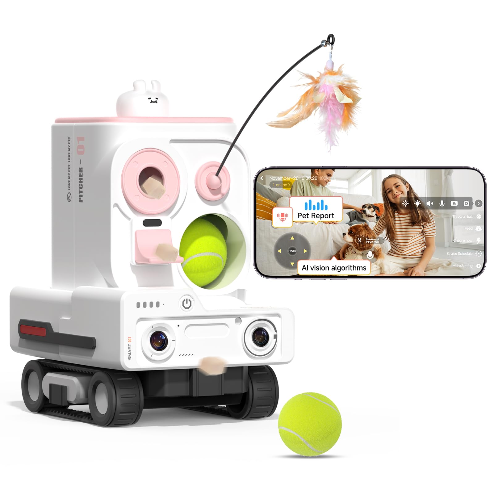 PMATE Self-Moving Pets Camera AI-Powered Rover with Auto Tracking &amp; Patrol, 2K Live View, Night Vision, 2-Way Talk, and Auto-Recharge (Pink)