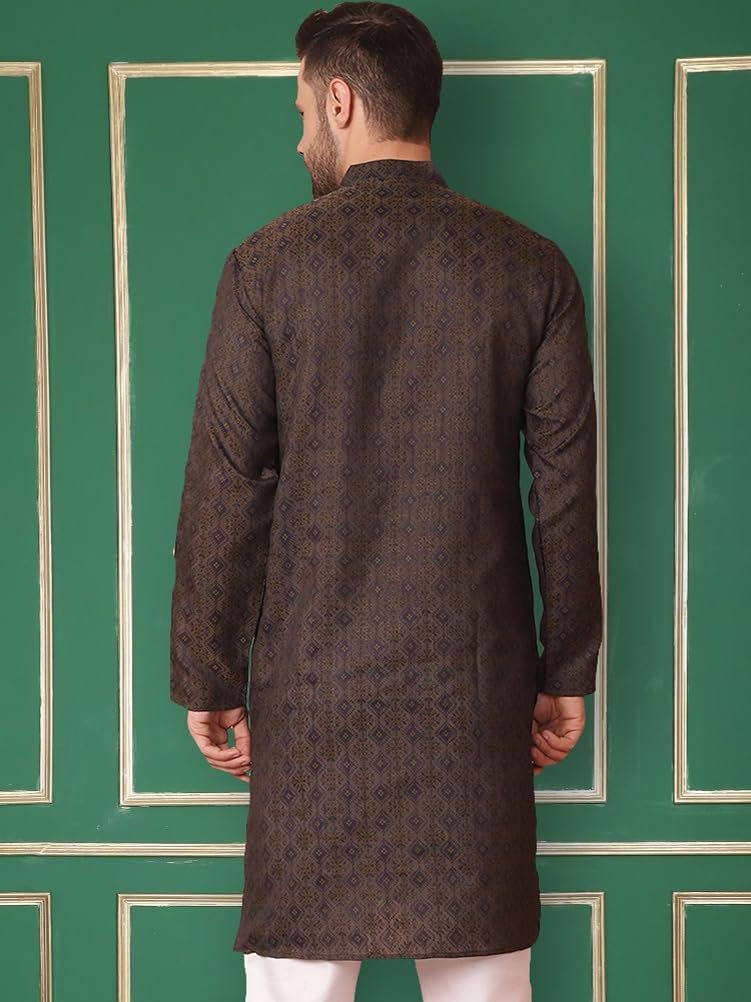 Jompers Men's Navy Woven Design Silk Blend Kurta Only (Navy, Xxl)