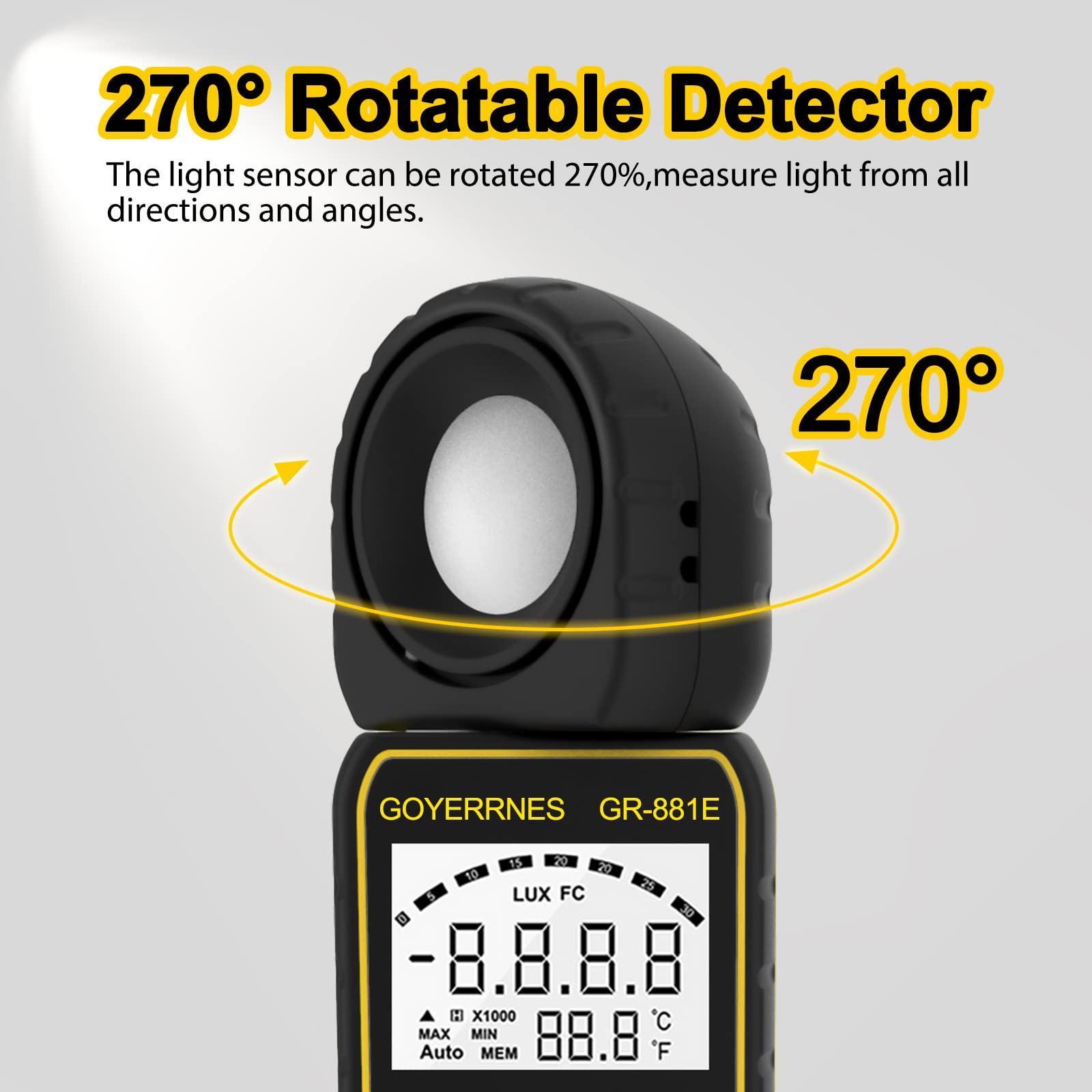 Medidor de luz medidor de iluminancia Digital, GR-881E Lux Meter de Mano de iluminación de Temperatura Ambiente Mide hasta 300.000 Lux fotómetro con 270º Detector Giratorio para fotografía LED.