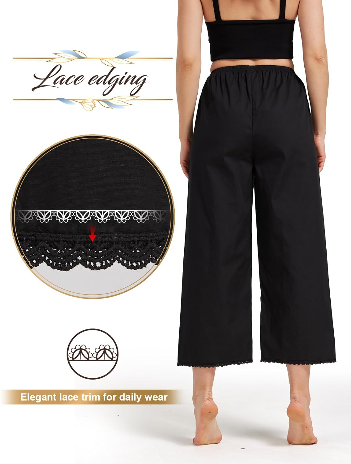 Women Cotton Half Slip Pettipants for Under Dress with Lace Trim Victorian Pajama Pants - Image 3