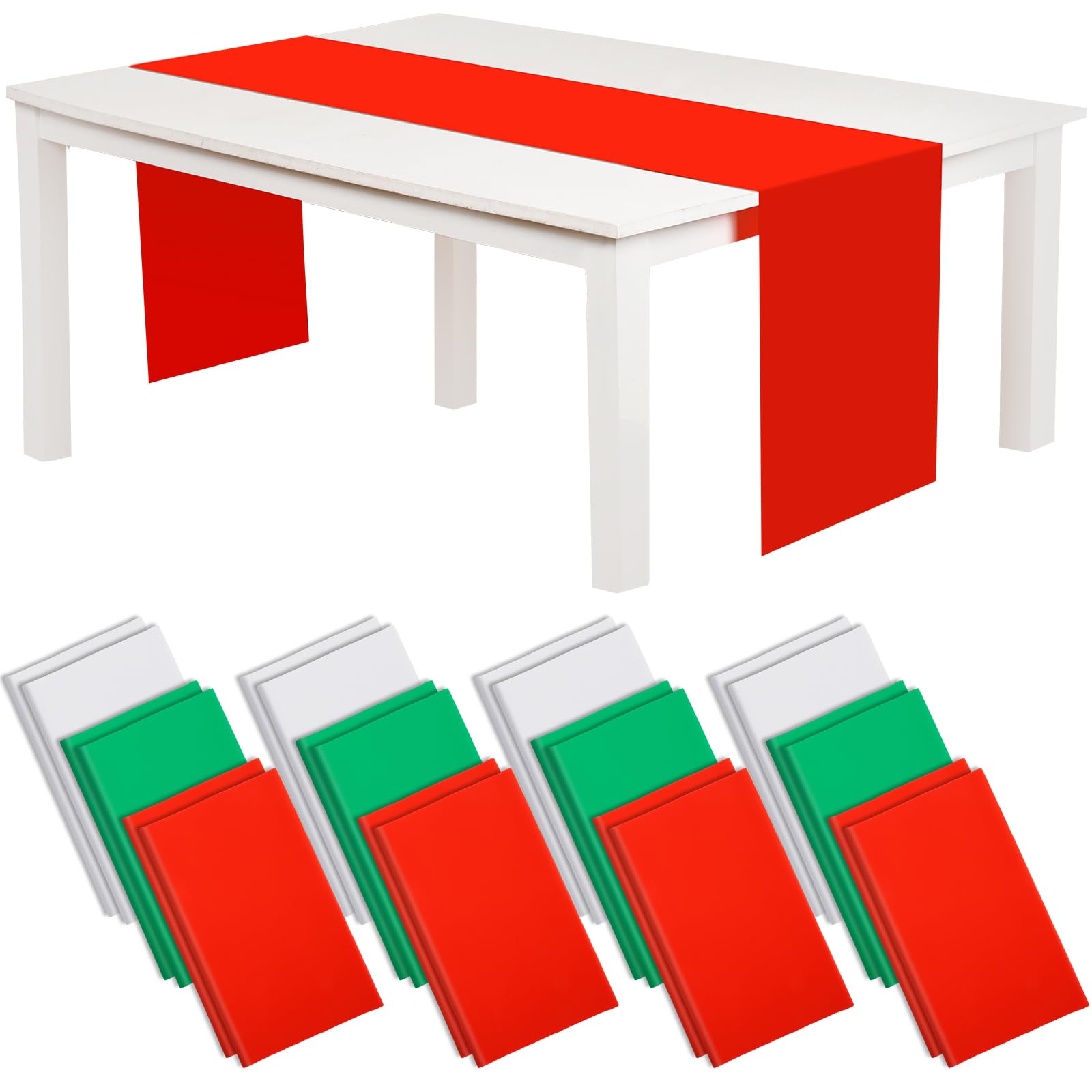 Photo 1 of 24 Pcs Christmas Disposable Plastic Tablecloth 11.81 x 108 Inch Waterproof Table Cover White Green Red Table Cloth for Indoor Outdoor Birthday Party Wedding Xmas Banquet Rectangle Tables Use