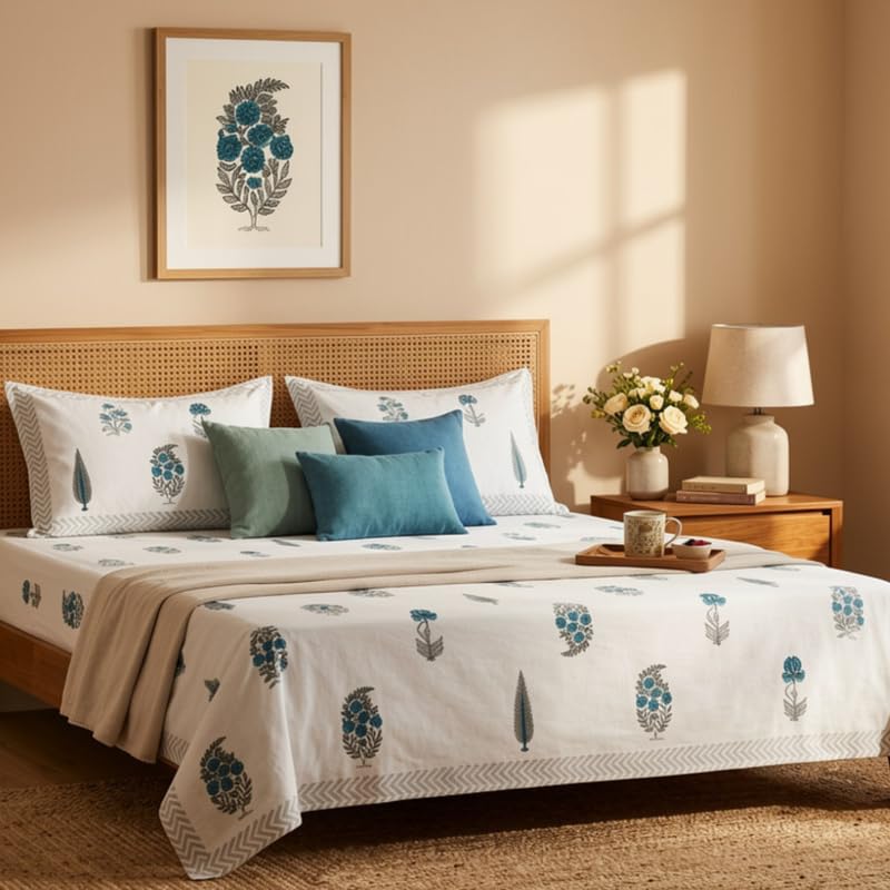 Image of Naksh Bedsheet for Double Bed King Size Floral Print 2 Pillow Covers | Grey Botanical Bedsheet | Soft Breathable Heritage Floral Bedding Set | Royal Sajawat Collection |