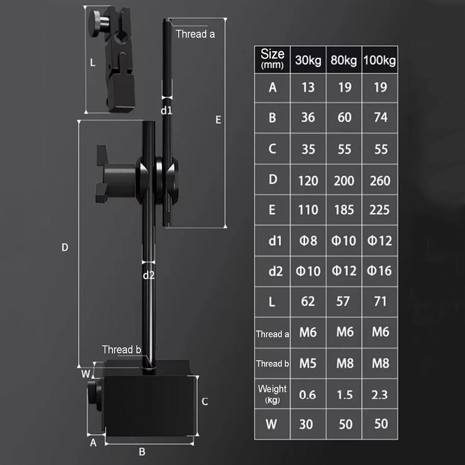 Base magnética para comparador de cuadrante, 30-100 kg, Brazo Giratorio de 360° | Sujeción Fuerte, Material metálico, chaflán de 45°, se Adapta a Orificios de 8 mm (100kg)