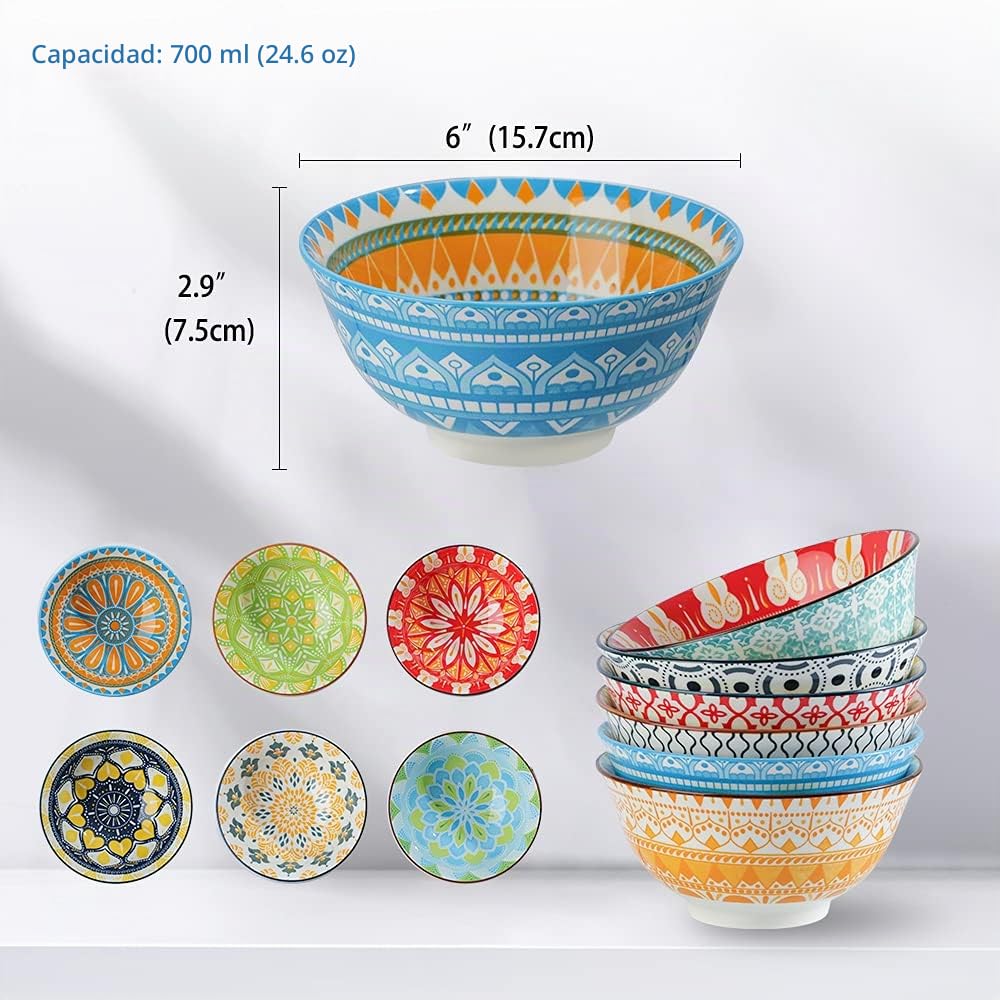 AHX Tazones Desayuno - Cuencos Sopa - Bon Cereales Ensalada 15.7 cm de Porcelana - Cuenco Ramen | Arroz | Consome | Gazpacho - Juego de 6 Multicolor Tazon de 700 ml