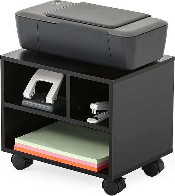 FITUEYES Printer Stand Wood Black Desk Side Mobile 3 Storage with Wheels 40x30x35cm PS304003WB