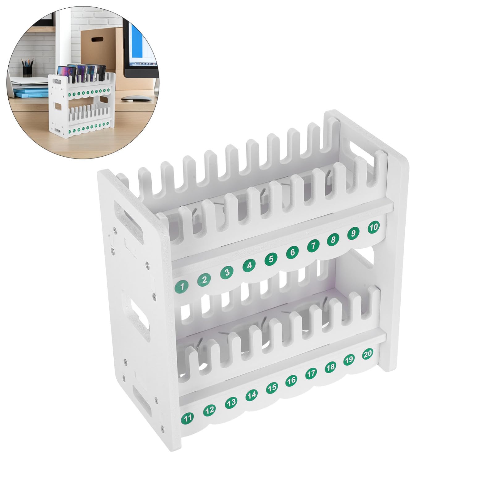 Kichvoe Supporto per Telefono a 2 Livelli da Scrivania con 20 Slot Numerati, Organizer Espositore Multistrato per Ricarica e Archiviazione Smartphone Compatibile per Ufficio e Aula