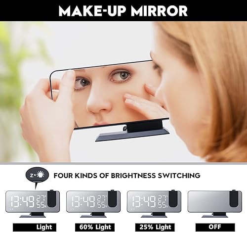 Miniatura 4 de Reloj despertador de proyección para dormitorio, reloj despertador digital con cargador USB, pantalla de espejo LED grande de 7.4 pulgadas, radio