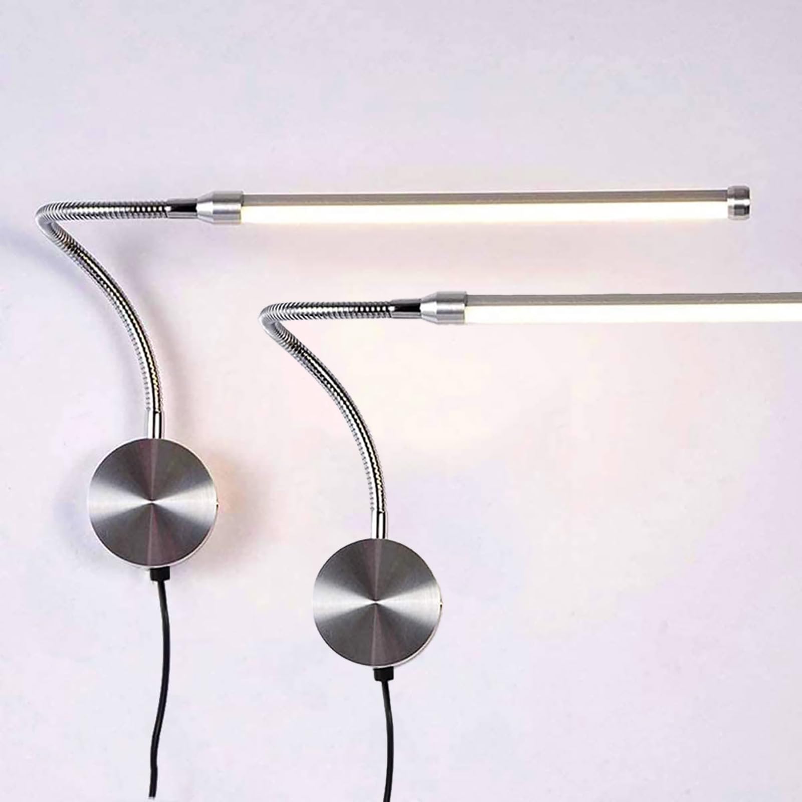 LED Schwanenhals Lampe mit Schalter Modern Schlafzimmer Nachttischlampe Silber 360° Einstellbar Leselampe Wandlampe Innen Wandbeleuchtung mit 190cm Kabel Stecker Kinderzimmer (Warms Licht,2 Stück)