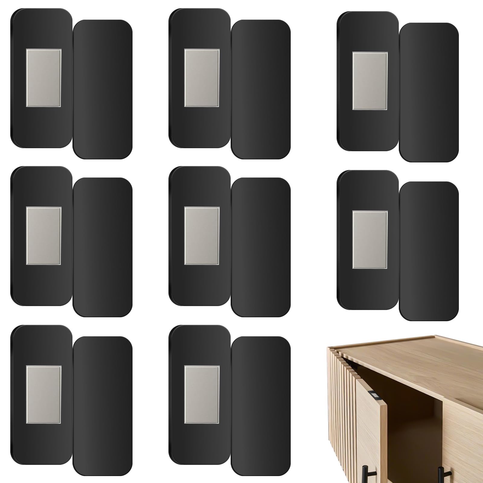 8 Pairs Magnetic Cabinet Locks, Strong Cabinet Door Magnets for Closure with Adhesive, No Drill Mounting Magnetic Door Catches for Kitchen Wardrobe Closet Drawers, Easy to Install (Black)