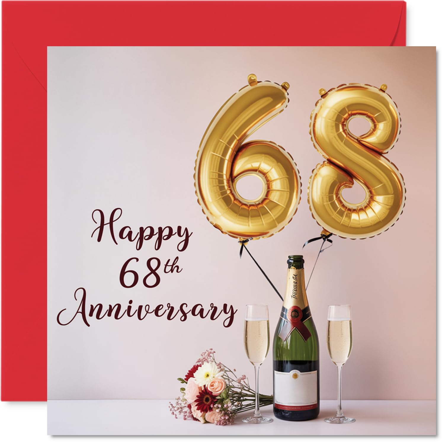 68th Anniversary Card for Women Men - Balloons & Bottle of Bubbly - Happy 68 Year Anniversary Card for Companion Wife Partner Husband, 145mm Wedding Anniversaries Greeting Cards