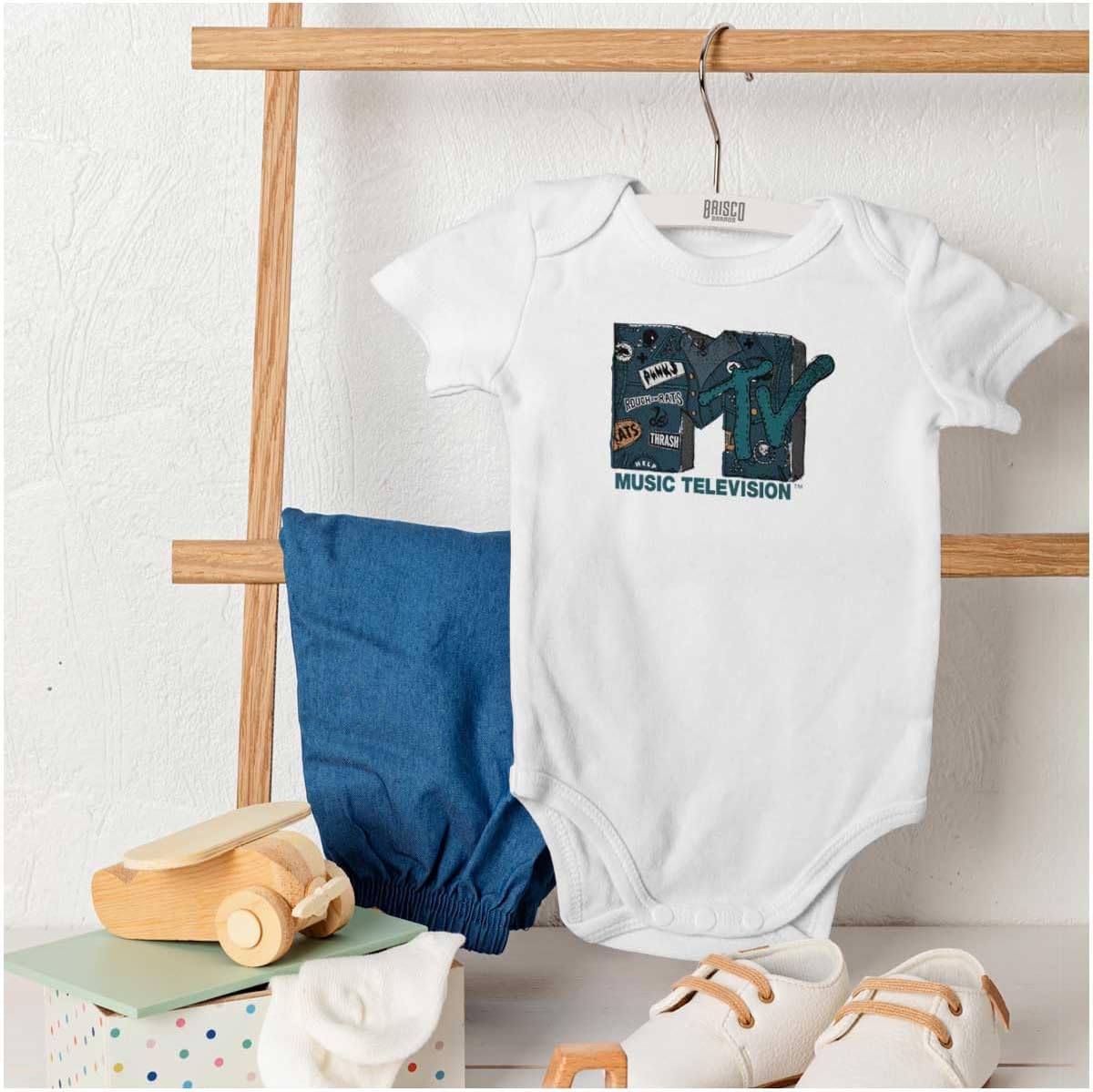 Brisco Brands Retro MTV Distressed Denim Logo Baby Romper Boys or Girls