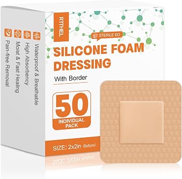 Silicone Foam Dressing 2x2 with Gentle Border, Bed Sore Bandages for Wound Care, Waterproof Bandages, Self Adhesive Silicone Wound Dressing Pads, 50 Pack