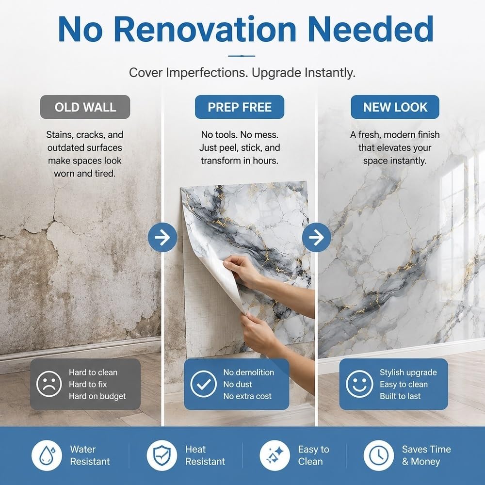 Paneles de pared de mármol, adhesivo for salpicaduras de azulejos | Panel de espuma PVE de 11,81x11,81 pulgadas, fácil instalación, resistente a arañazos, imperfecciones(Color51,36pcs)