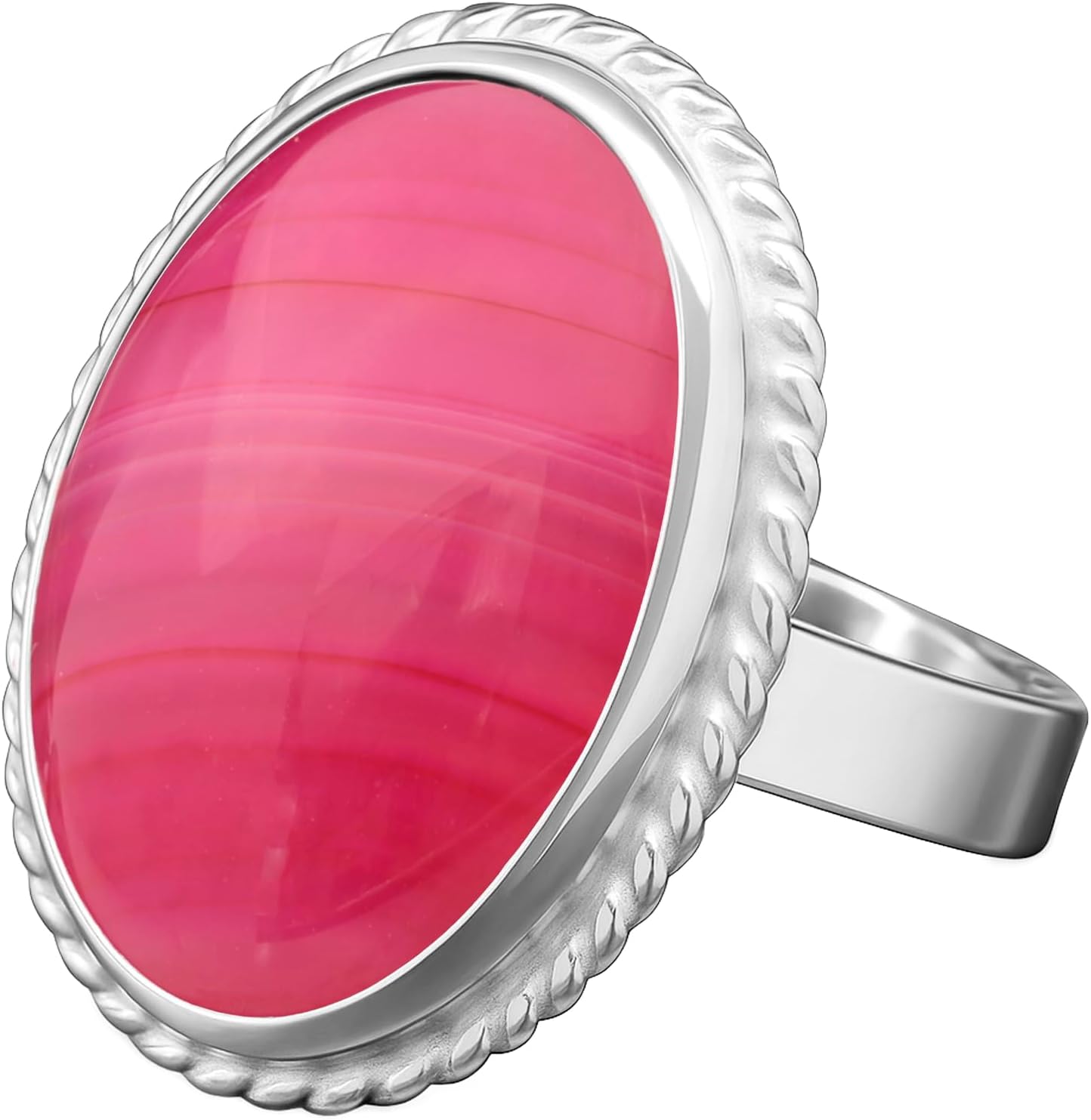 Gray Striped Agate Ring in Rhodium Plated Sterling Silver | Handmade Bezel Set Gemstone Jewelry for Gemini | Root & Crown Chakra Calming Stone | Elegant Gift for Wife, Girlfriend or Mom