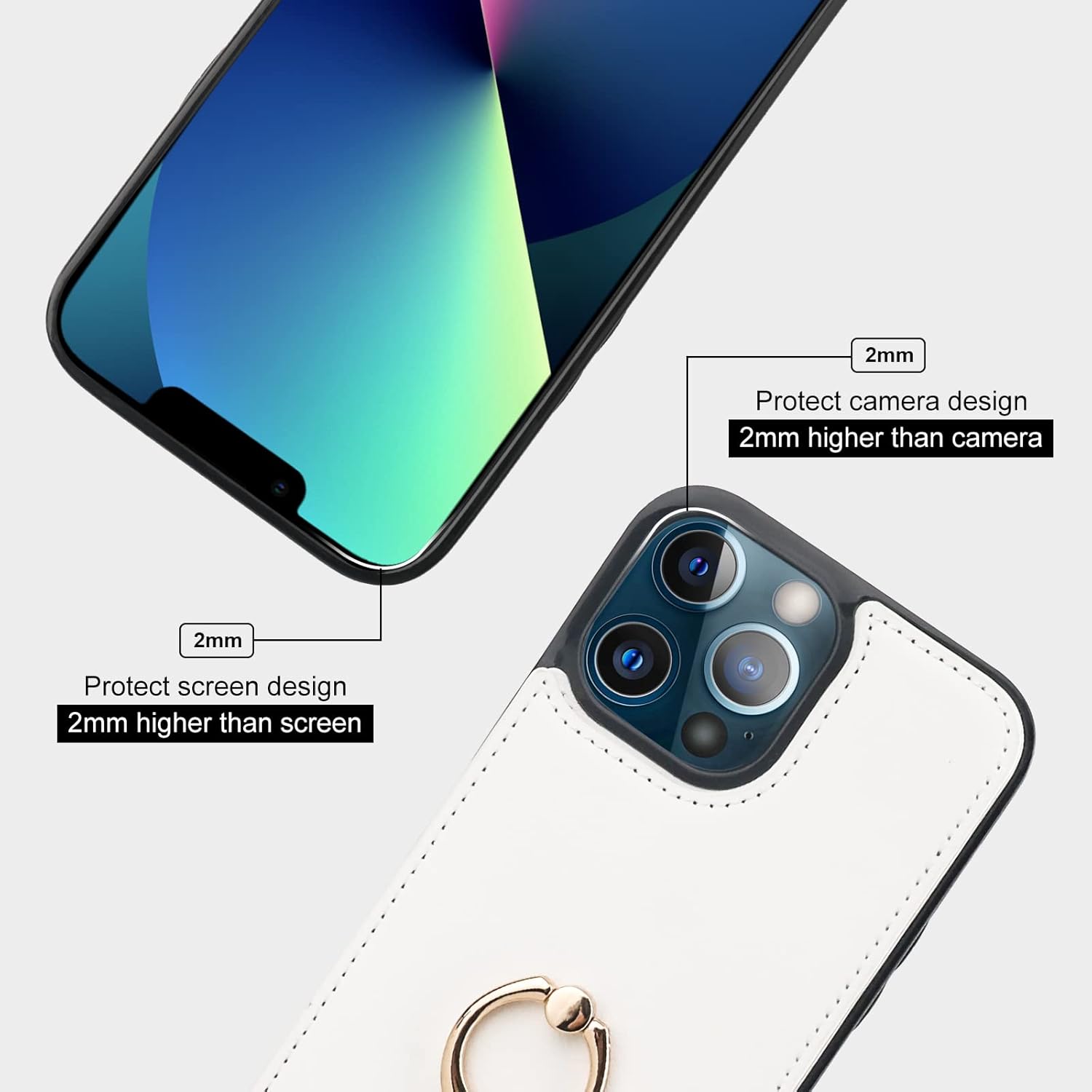 Folosu Compatible with iPhone 13 Pro Case Wallet with Card Holder, 360°Rotation Finger Ring Holder Kickstand Protective RFID Blocking PU Leather Double Buttons Flip Shockproof Cover 6.1 Inch White