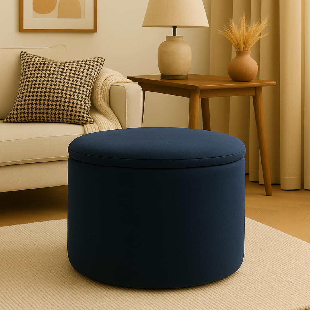 Combo - Ochre Velvet Round Storage Ottoman Coffee Table with Removable Lid – Rich Blue + Round Tufted PU Leather Ottoman Stool with Gold Legs – Brown