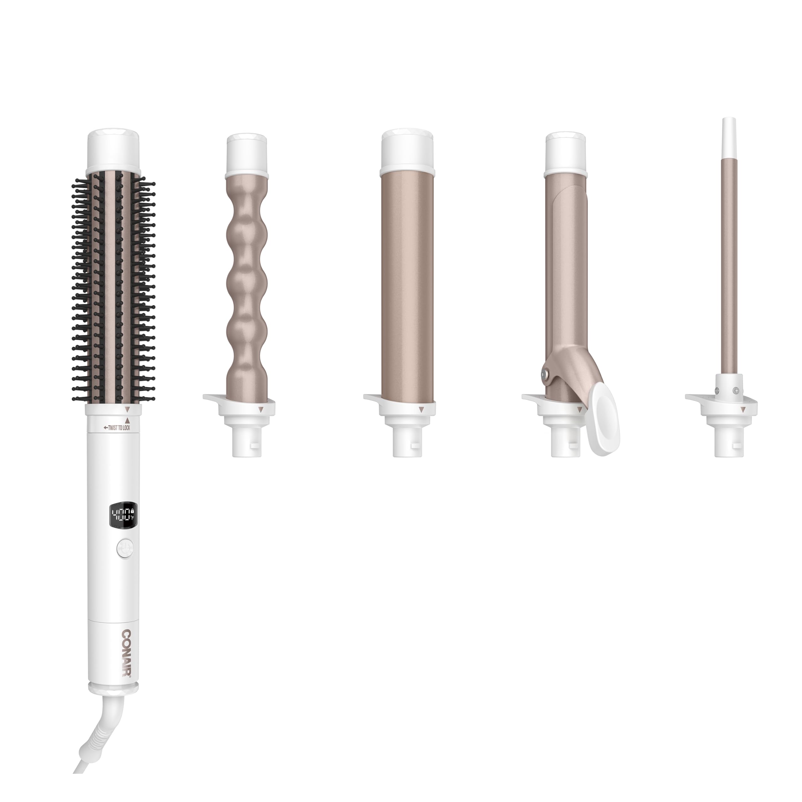 Conair Double Ceramic Multi-Attachment Hair Styler, 5-in-1 Hair Curling Wand Set to Create Curls, Waves, and Blowouts, Ceramic Technology Eliminates Damaging Hot Spots, White/Rose Gold