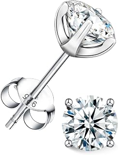 Stud Earrings for Women Men Girl, FCINOS 18K White Gold Plated S925 Sterling Silver 1/2/4 CT D Color VVS1 Clarity Round Cut Moissanite Lab Created Diamond Earrings Promise Birthday Christmas Gift