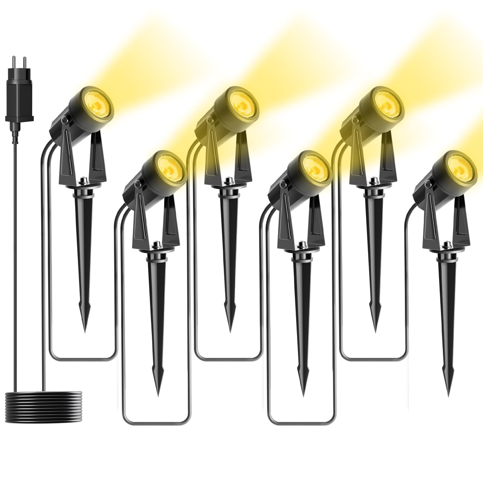 Bomcosy Gartenbeleuchtung, 20M/6er Set Gartenleuchte mit Erdspieß, DC 27V 600lm IP65 Wasserdicht LED Gartenstrahler mit Stecker, Warmweiß Scheinwerfer Gartenlampe Wegbeleuchtung Spot Halloween Deko
