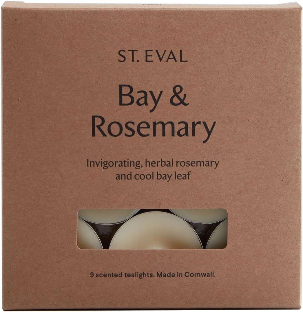 St. Eval Bay & Rosemary Scented Tealights - Candle - Refreshing Fragrance - Refreshing Blend of Cool Bay Leaf and Herbal Rosemary - Made in Cornwall - Pack of 9