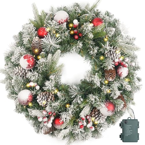 Flocked Christmas Wreath Pre-lit 24 inch with 50 Light & Red Ball Pine Cone, Artificial Christmas Wreaths for Front Door with Lights, Wreath for Christmas Decoration Door Windows Wall Green