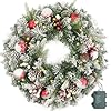 Flocked christmas wreath pre lit 24 inch with 50 light red ball pine cone artificial christmas wreaths for front door with lights wreath for christmas decoration door windows wall green  urban country home decor