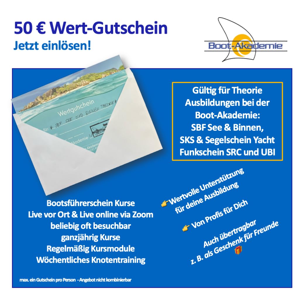 Navigations-Komplettset SBF See & SKS – Kursdreieck, Anlegedreieck, Marinezirkel, Navigationsaufgaben mit Lösungen, Skipperhandbuch, Knotenstab, 2 Leinen, Lupe, Kompass & 50-Euro-Wertgutschein