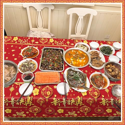 Image of 3 Pack Chinese New Year Decorations 2026, 54 x 108 Inches Red Plastic Table Cloths, Disposable Lunar New Year Table Cloth Rectangle Tablecloths Tablecover, Spring Festival Year of the Horse Decor
