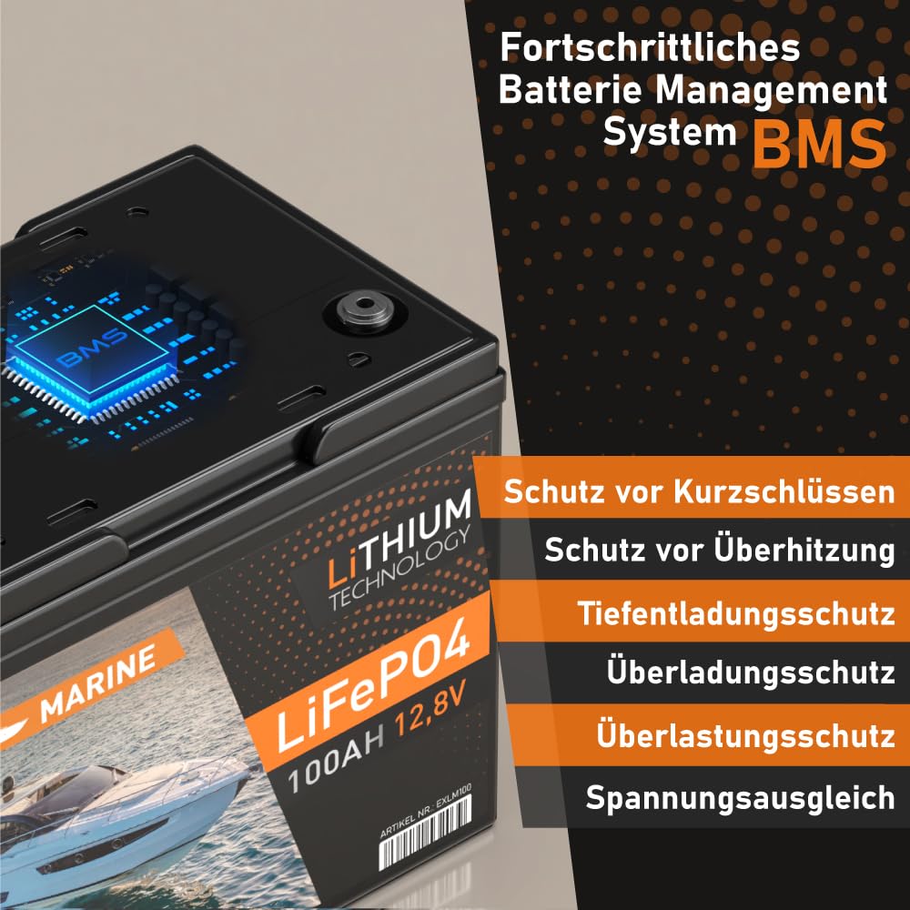 EXAKT LiFePO4 100Ah Marine Batterie 12V Bootsbatterie Boot Lithium Boarder