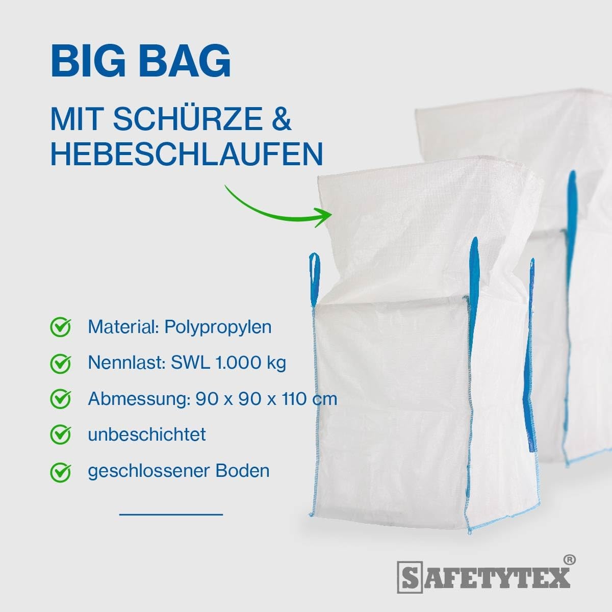 Safetytex Big Bag mit Schürze 90x90x110 cm Schüttgutbehälter (10 Stück) | 1000 kg Tragfähigkeit, robuster Transportsack, für Schüttgüter, Entsorgung, reißfest, langlebig, leicht befüllbar