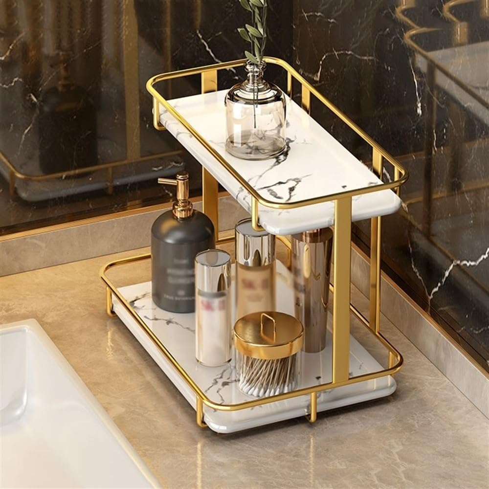 Mensole da bagno Organizer da bagno a 2 livelli, organizer for profumi e trucchi di lusso, vassoio for lavabo in ceramica di marmo con struttura in acciaio inossidabile dorato Organizzatore per la doc