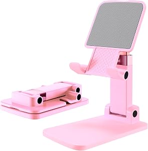 Phone Stand for Desk, Pink Cell Phone Holder Foldable Tablet Holder Height and Angle Adjustable Full Anti-Slip Base Compatible with Smartphones and Tablets, 1 Pack
