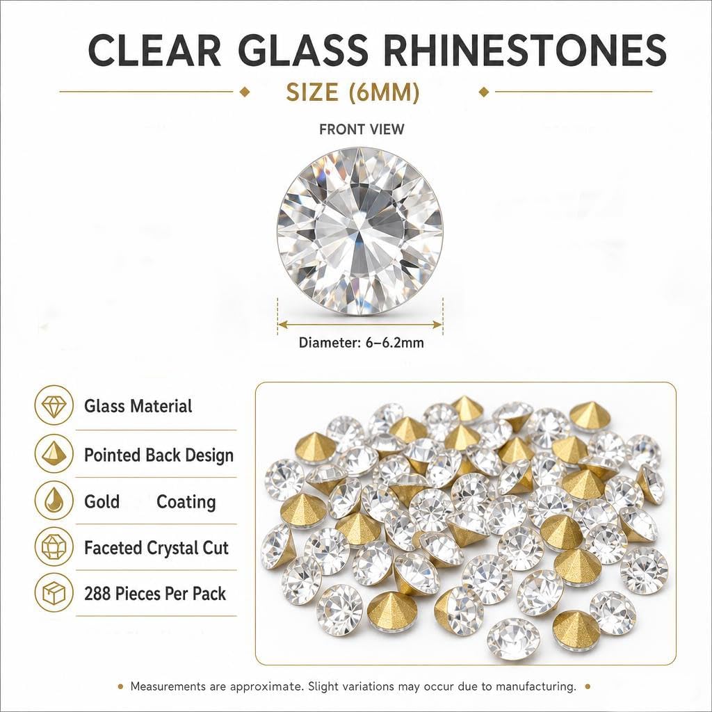 Fashewelry 6mm Glass Pointed Back Rhinestone 288Pcs Mini Crystal Diamante Gems Gold Plated Faceted Diamond Loose Stone for Nail Art Craft Replacing Jewelry image 2