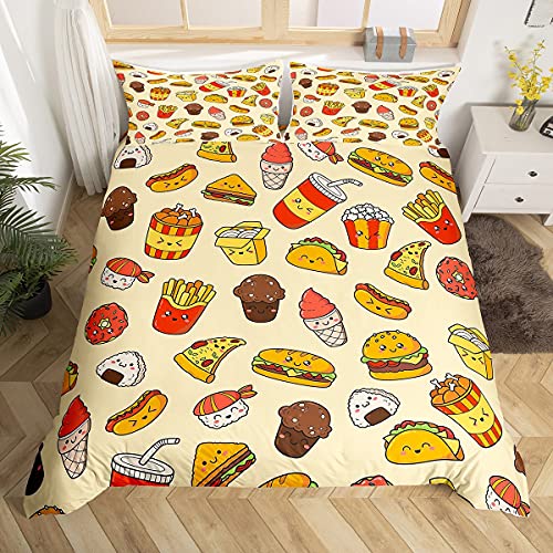 Parure de lit pour lit simple avec housse de couette et 1 taie d'oreiller Motif Fast Food pour chambre d'enfant garçon Pizza Hamburger