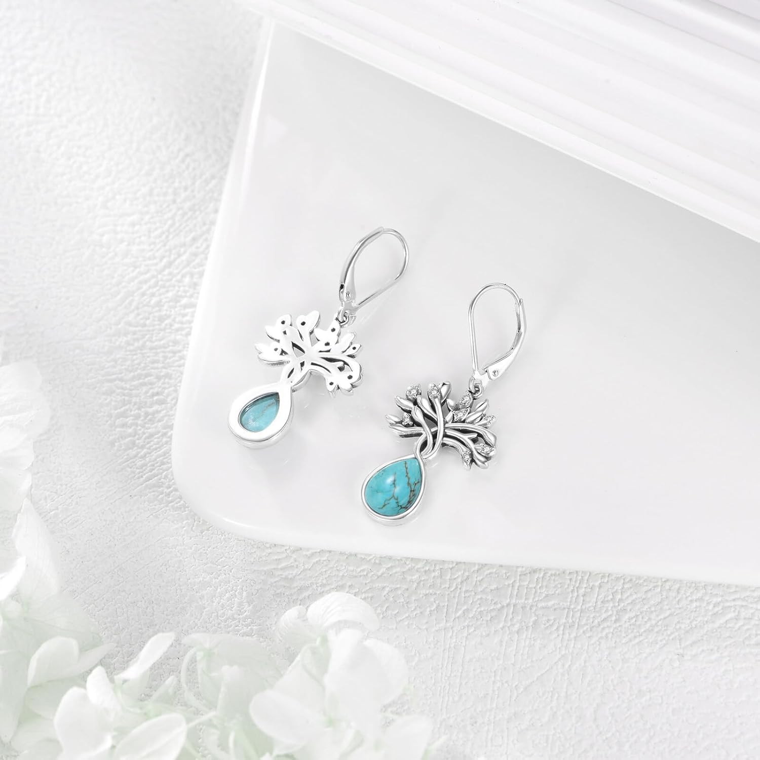 Turquoise Owl/Dragonfly/Hummingbird/Tree of Life Dangle Earrings 925 Sterling Natural Turquoise Leverback Earrings Jewelry Gift For Women - Image 5
