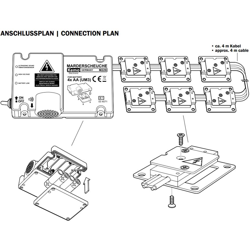 Kemo M229 Marderabwehr KFZ batteriebetrieben mit Plus-Minus-Kontaktplatten. Elektroschock, Hochfrequenztöne und blinkenden LED's. Unabhängig von Bordnetz. Mit Vibrationssensor