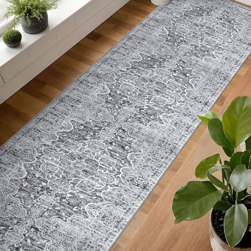 KUTA Vintage Floral Washable Runner Rug 2.6x14, Non-Slip Hallway Kitchen Rugs Grey White with Rubber Backing, Ultra Soft Printed Classic Vintage Floral Extra Long 14ft Carpet Runners