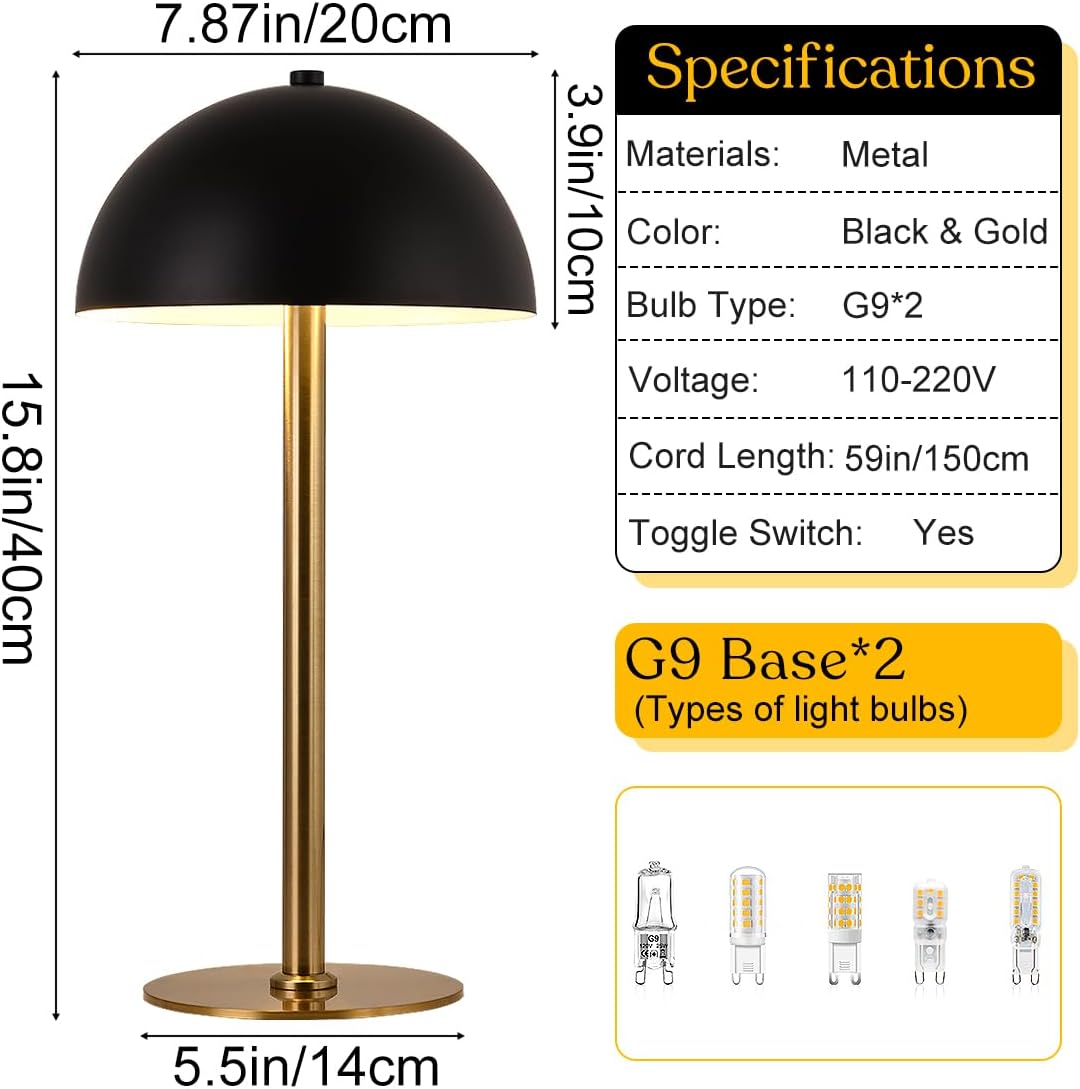 Black Gold Mushroom Table Lamp Mid Century Metal Iron Desk Lamp Retro 2 Lights Table Lamp Bedside Reading Light for Bedroom Living Room Study Room