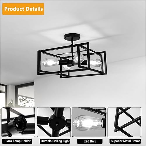 Miniatura 5 de DELIPOP Lámpara de techo LED de 4 luces industrial, color negro, lámpara de techo semiempotrada, iluminación para comedor, cocina, pasillo, isla