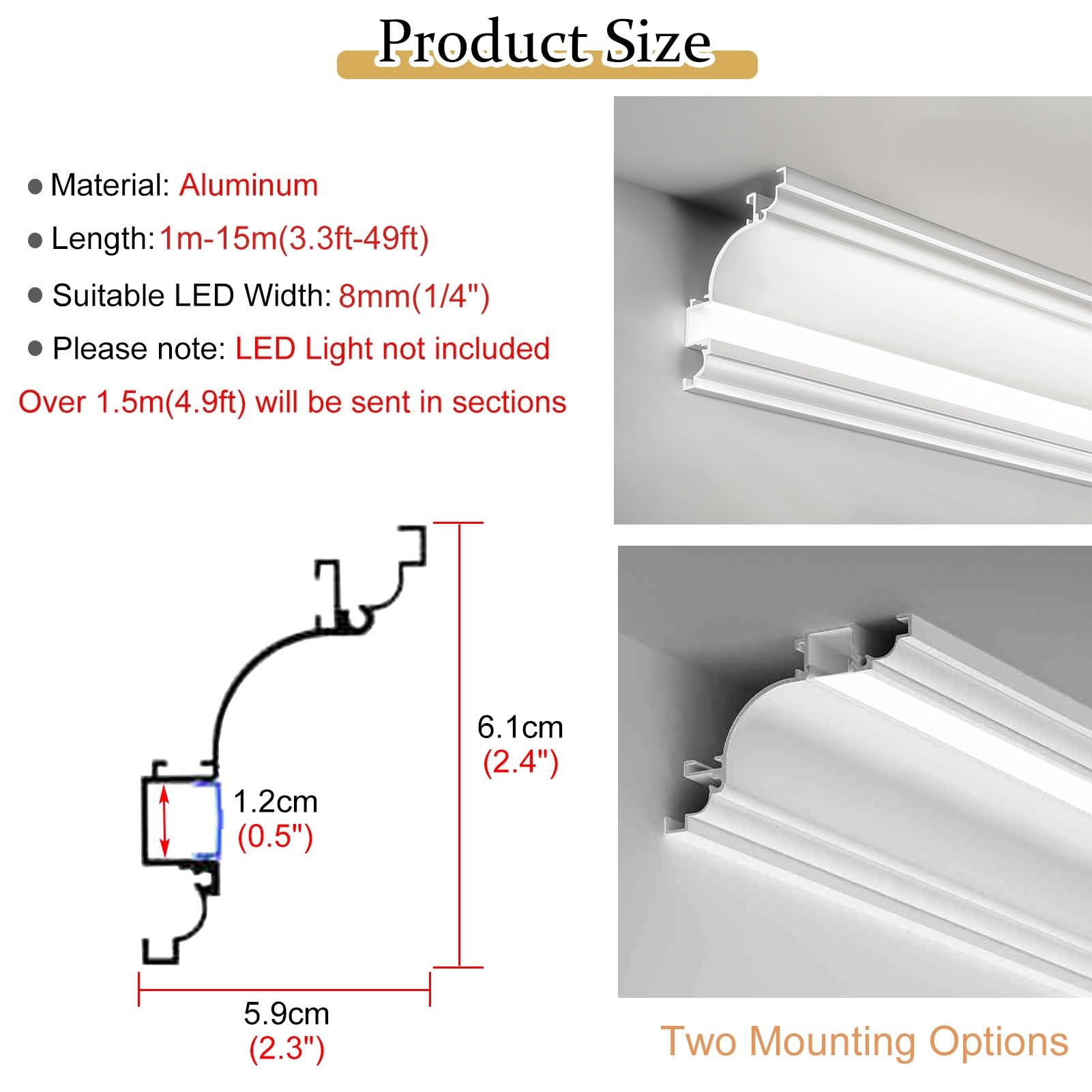 Listwa sufitowa, oświetlenie pośrednie LED sufitowe - aluminiowy kanał 4,5 m do oświetlenia pośredniego, idealny do dekoracji sufitów w domu i biurze, z rozproszonym