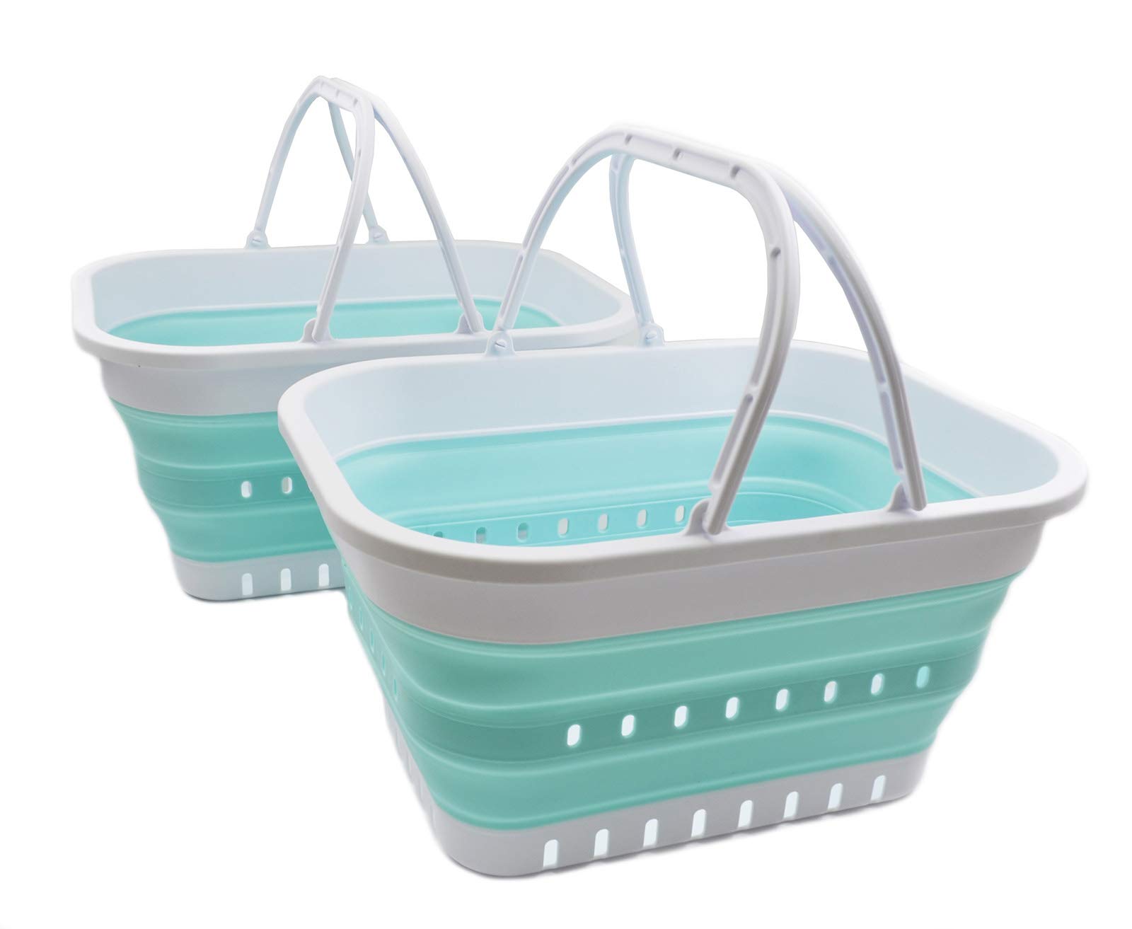 SAMMART Collapsible Tub with Handle - Portable Outdoor Picnic Basket/Crater - Foldable Shopping Bag - Space Saving Storage Container (2, White/Lake Green)